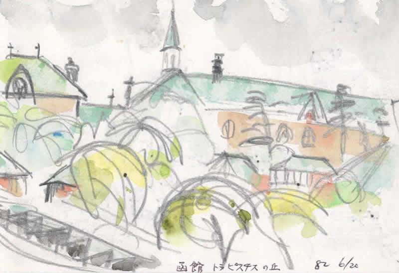 緑の屋根にレンガづくりのトラピスチヌ修道院と，庭園の木々が描かれている．
