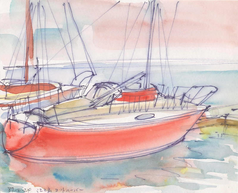 入り江にヨットが停泊する．ヨットの赤は日に焼け，朱色が印象的．1987年4月24日割く