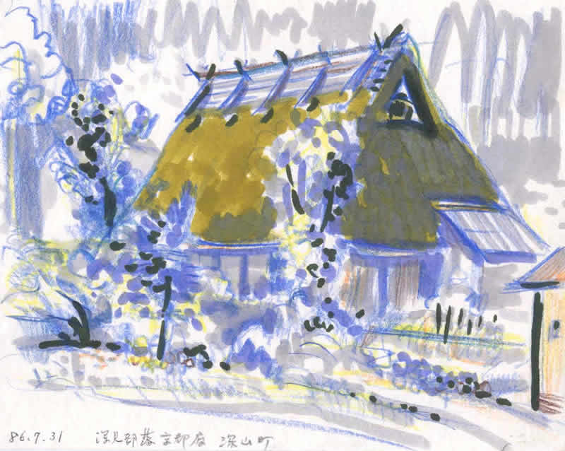 入母屋屋根の建物が描かれている．屋根には黄土色，植物には青が使われていて対照的．1986年7月31日作