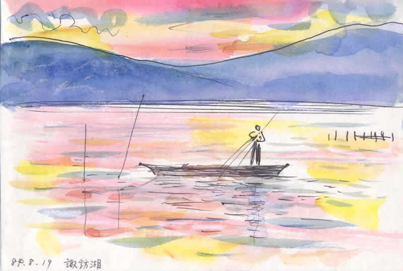 諏訪湖と船頭一人で浮かぶ船．空のピンクが湖面に映りこんでいる．1984年8月19日作