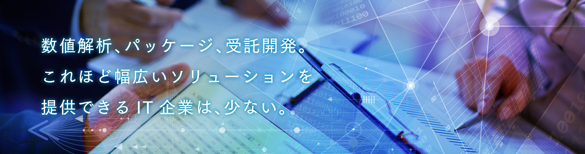 数値解析、パッケージ、受託開発。 これほど幅広いソリューションを 提供できるIT企業は少ない。